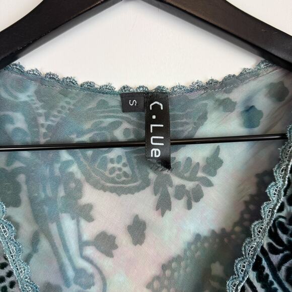 Y2K C-Lue Silk Blend Sheer Velvet Paisley Blosue w Lace Cami Blue - S - Picture 3 of 9